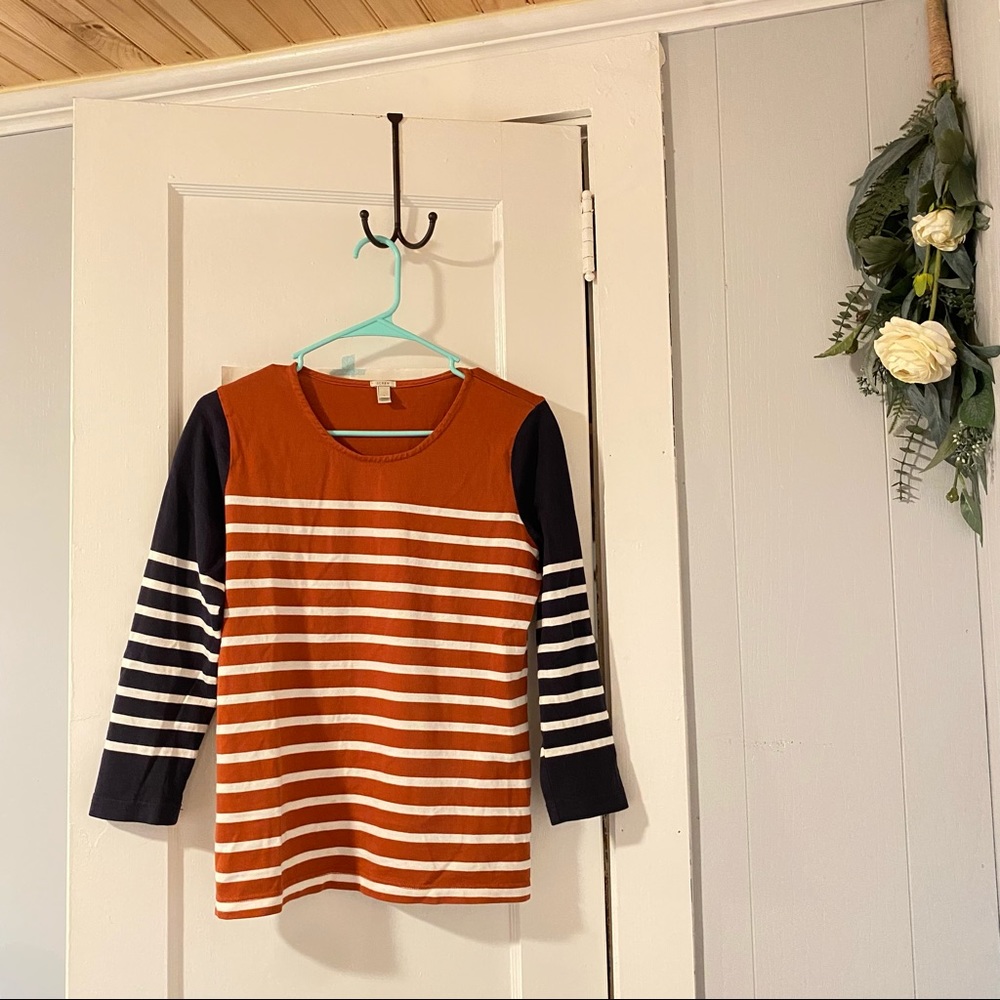 Navy + Orange Striped 3/4 Sleeves Top - J. Crew